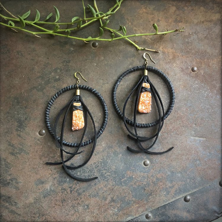 Leather Hoop Earrings - Peach Druzy & Black
