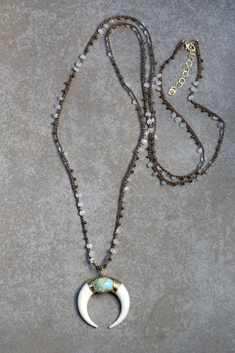 Turquoise Bone Crescent Handcrochet Silk Necklace